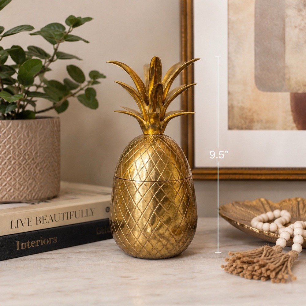 Vintage Solid Brass Pineapple Jar, Trinket, Container Canister 9.5" Tall